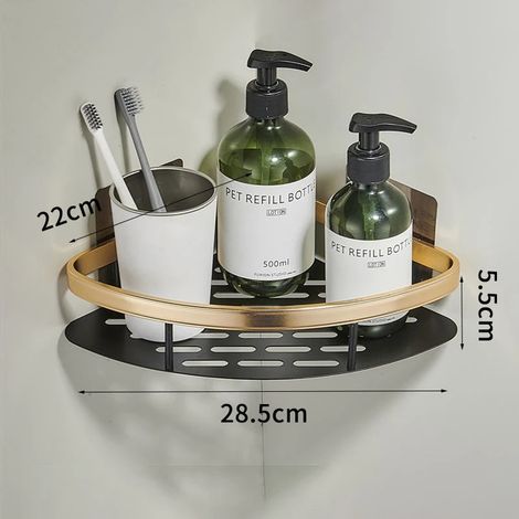 (noir or02) Étagère de salle de bain, étagère de douche en aluminium, étagère de douche en verre, finition noire, panier de rangement à ventouses, accessoire de salle de bain (1/5)