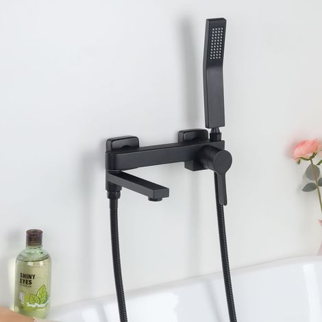 Robinet de Baignoire avec Douchette, Mitigeur Baignoire avec Bec Rotatif à 90°, Mural Mitigeur en Laiton Pour salle de Bain, Noir PTBB19E (1/5)