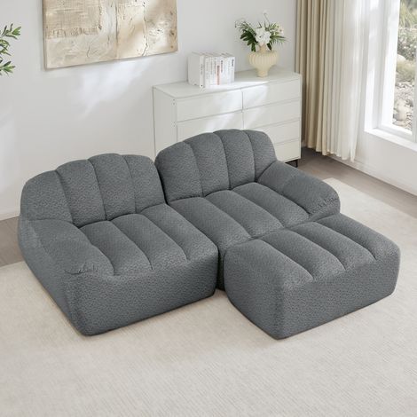 Sofá esquinero modular de 2 plazas en fleece granulado gris con otomana, sin montaje DESVIAE (1/5)