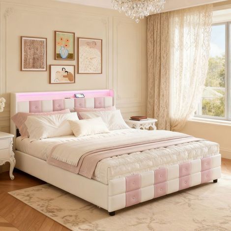 Lit 140x190POCKETPOPvelours weiß und rosa - Rahmen mit Lattenrost, LED & USB-Anschlüssen, 2 Plätze, Schubladen