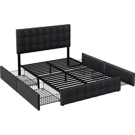 Cama doble tapizada negra de 140 x 200 cm, con cabecero regulable en altura y cuatro cajones, con canapé y somier, apta para adolescentes y adultos (colchón no incluido). (1/5)