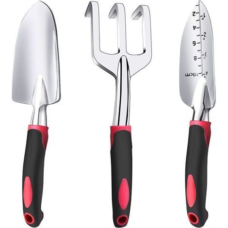 Ensemble d'outils de jardinage, 3 pièces, truelles robustes, pelles à main en fonte d'aluminium avec poignée en caoutchouc antidérapante, idéal pour transplanter, désherber, creuser et planter (1/3)