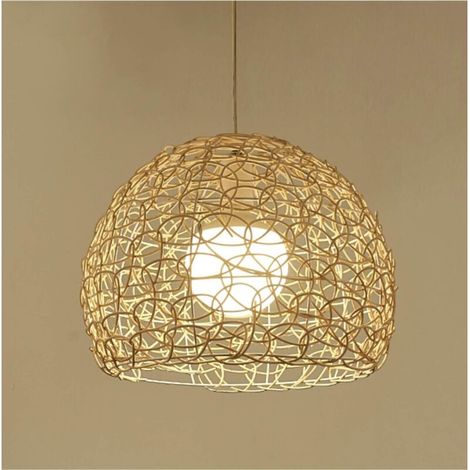Ecleanfy - Plafonnier en rotin indonésien tissé à la main – Lustre sphérique 25cm diamètre x 18cm hauteur – Base E27 pour ampoule – Fer anticorrosion