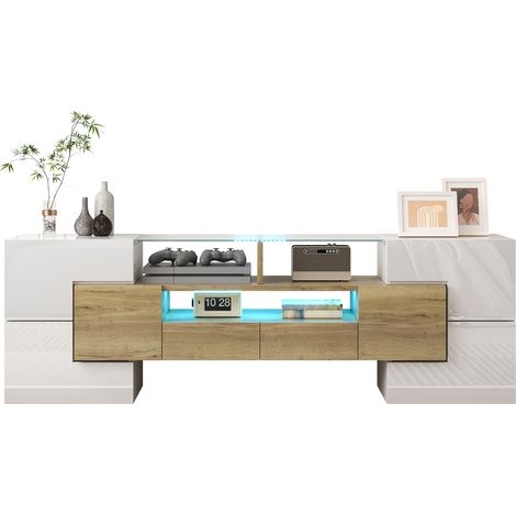 Meuble TV Élégant, Lowboard, Blanc Laqué, 145 Cm, LED, Verre, 4 Portes, 2 Tiroirs, 3 Étagères (1/5)