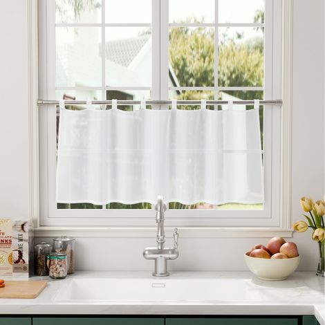 Rideau brise-bise moderne en voile avec passants H 45 x l 90 cm - Demi rideaux pour fenêtre de salon - Store court transparent - Blanc - Pour cuisine, caravane, chambre à coucher, salle de bain (1/5)