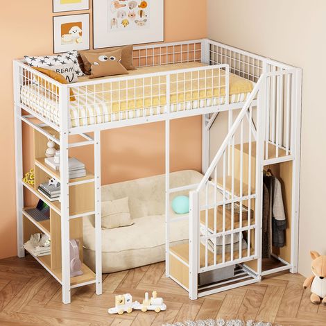 Letto a soppalco 90x200 cm in metallo e legno, bianco, con scala contenitore e vano sottostante (1/5)