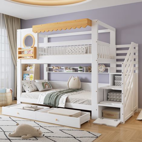 Letto a castello per bambini moderno in legno massello+MDF bianco/naturale 90x200 cm con scaletta contenitore, ripiani e 2 cassetti (1/5)