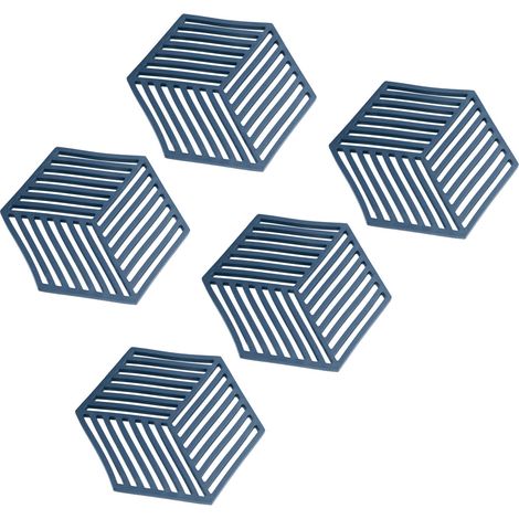 Lot de 5 dessous de plat hexagonaux en silicone résistant à la chaleur, pour boissons et plats chauds en extérieur (bleu). (1/5)
