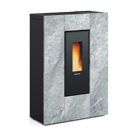 Extraflame – Poêle à granulés ventilé extra plat canalisable 8 kW – Revêtement en pierre naturelle – Évacuation des fumées supérieure – Programmateur intégré