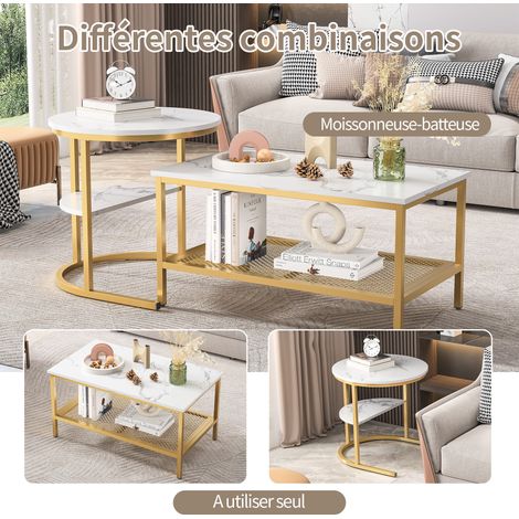 2er Set Couchtisch Rund mit 2 Ablagen, Marmoroptik Tischplatte, Metallgestell, Skandinavischer Stil, Gold
