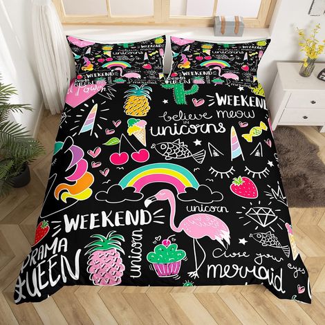 Parure de lit flamant rose 135 x 200 cm Housse de couette avec impression arc-en-ciel Motif fruits tropicaux et feuilles de palmier (1/5)