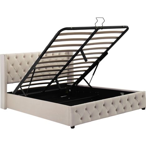 Cama arcón tapizada beige 140 x 200 cm en terciopelo con somier elevable hidráulico (1/5)
