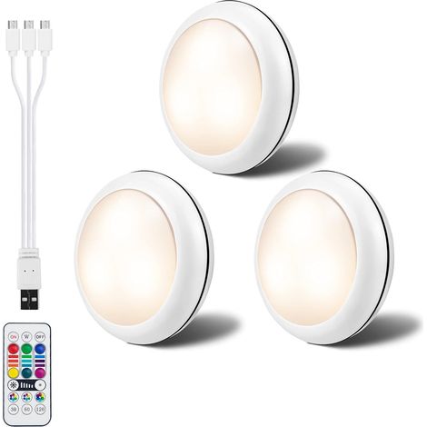 Faretti LED ricaricabili RGBW per armadietti, batteria da 1000 mAh, 16 modalità colore, luce notturna a LED con telecomando per camera da letto, cucina, armadio, confezione da 3