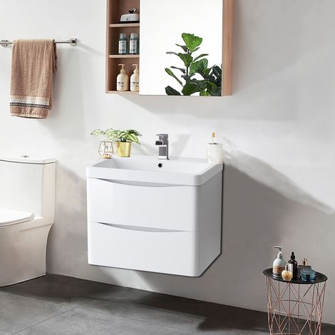 2 Drawer Wall Hung Bathroom Cabinet Vanity Sink Unit with Basin 600mm Gloss White (1/5)