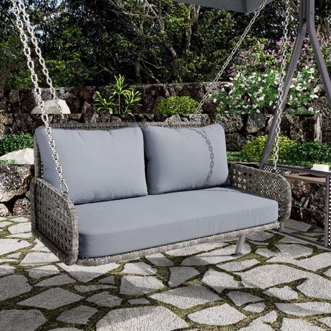 Balancelle Double Suspendue en Rotin PE, Coussins Lavables, Charge 320kg, Gris (1/5)