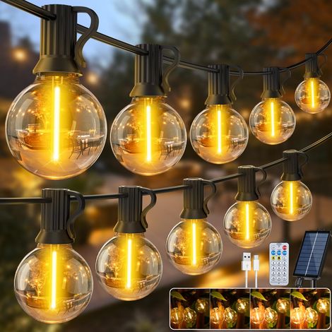 Catena di luci solari da esterno da 15 m, Luce da giardino ricaricabile tramite USB con telecomando e 25+1 lampadine LED G40, 8 modalità, timer, IP44 (1/5)