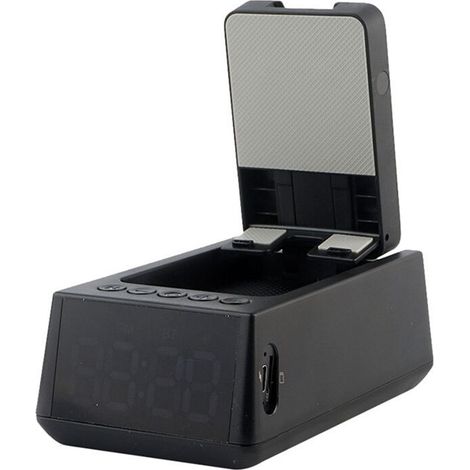 Altoparlante wireless 3 in 1 con potente sveglia, supporto per cellulare, lettore di schede TF e suono surround HD (nero) (1/2)