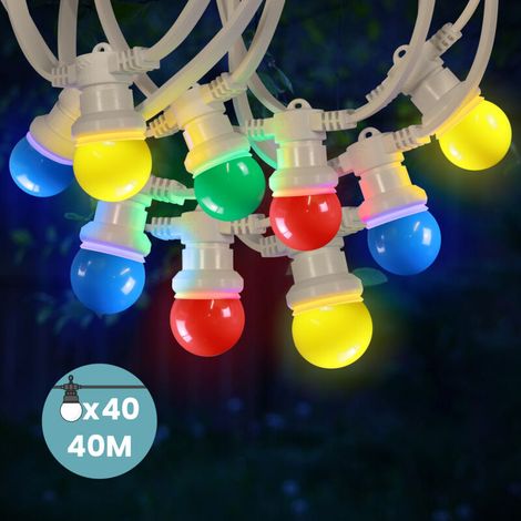 Guirlande Guinguette 40M Cable Blanc Bulbes Multicolores IP65 - Guirlande Electrique Exterieur 40 Bulbes Rouge Bleu Jaune Vert - Guirlande Guinguette Exterieur Boheme Déco pour Domaines et Parcs