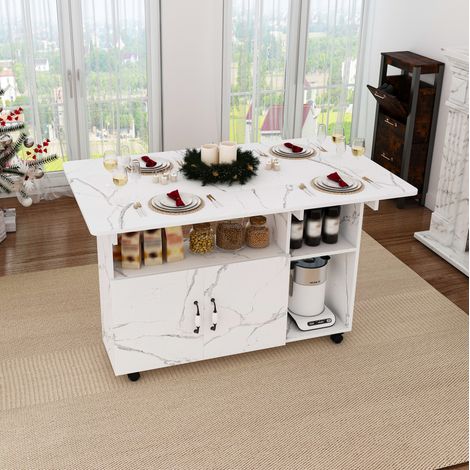 Tavolo da pranzo pieghevole 110x70x80 cm in MDF bianco effetto marmo, salvaspazio cucina FloraGrace (1/5)