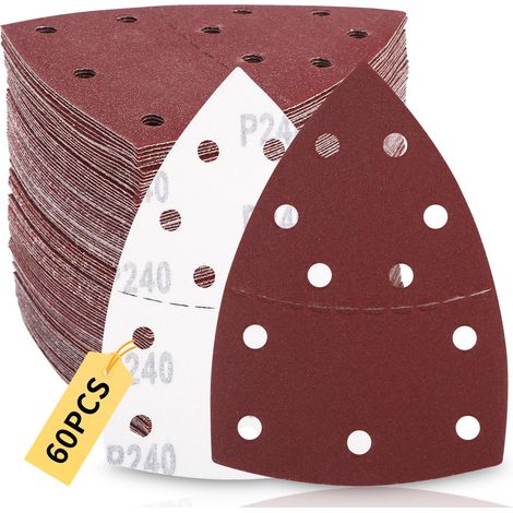 Lot de 60 Papier de Verre pour Ponceuse de Détail de Souris, Grain 40 60 80 120 180 240, Papier a Poncer Triangulaire pour Ponçage et Polissage, Papier de Ponçage à 11 Trous (1/5)