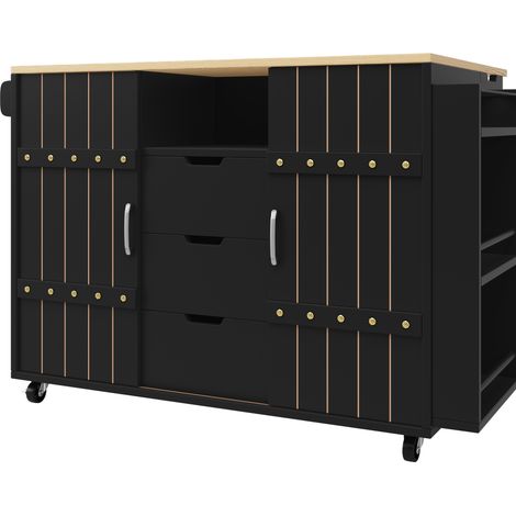 Kücheninsel schwarz aus MDF 110 x 42 x 90 cm mit Schiebetüren, Schubladen und Rollen (1/5)