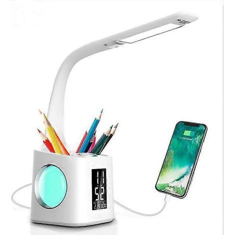 Lampe de bureau LED avec horloge, veilleuse à couleurs changeantes, lampe de bureau avec porte-stylo, lampe de bureau avec chargeur USB, lampe de table pour la maison, le bureau ou la chambre. (1/5)