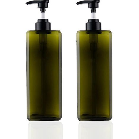 Set mit 2 leeren, nachfüllbaren quadratischen Kunststoff-Lotionspendern à 1000 ml für Seife, Lotion oder Shampoo, dunkelgrün. (1/5)