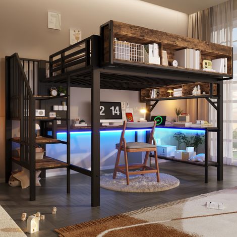 Lit mezzanine 140x200 cm, lit adulte enfant avec bureau d’angle, LED, USB/Type-C, MDF + Métal, noir