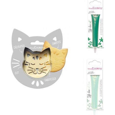 Kit pour biscuit en relief Chat + 2 Stylos au chocolat vert et vert d'eau