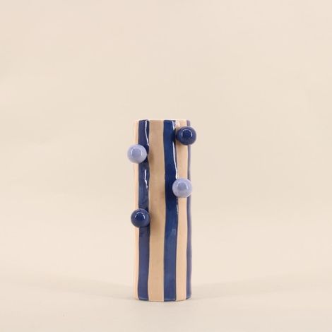 Vase rayé bleu et écru avec perles, H25cm