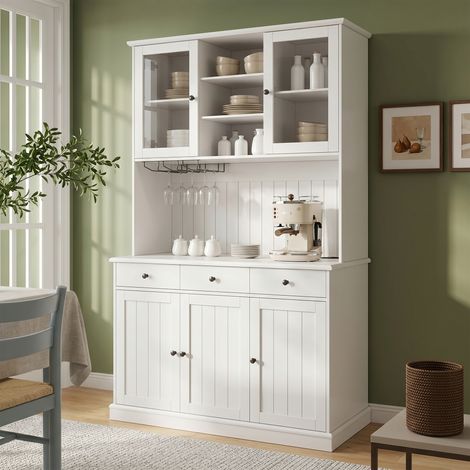 Buffet haut salle à manger 120x40x191 cm, meuble armoire avec portes vitrées, rangement étagères, porte-verres, prise intégrée USB-C/USB-A, poignées noir et blanc (1/5)