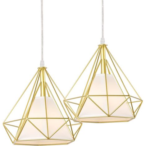 Industrial Pendant Light Metal Geometric Cage Hanging Ceiling Light Adjustable Height for Living Room Bedroom 2 Pack Gold