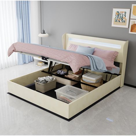 Letto imbottito moderno in tessuto beige 160x200 cm con testiera regolabile e LED integrato, struttura in metallo