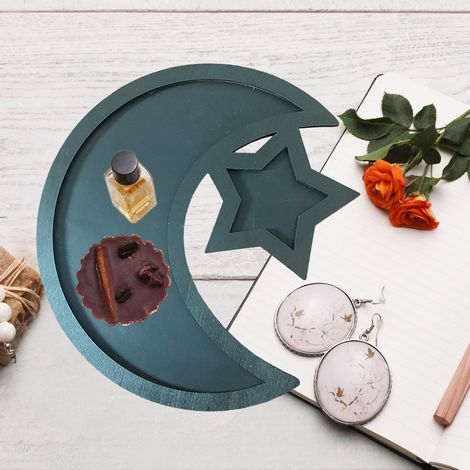 Plateau de service rustique en bois en forme de croissant de lune et d'étoile pour l'Aïd et le Ramadan - Décoration festive - Idéal pour présenter des mets et des plats lors de fêtes. (1/5)