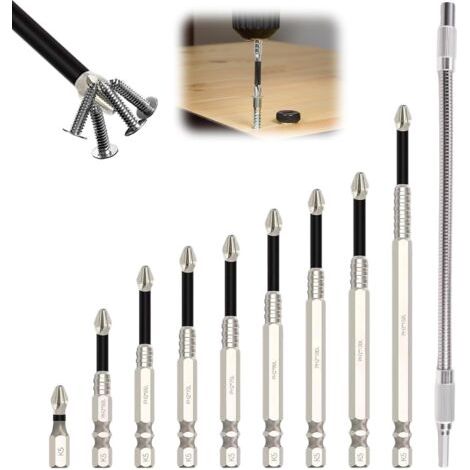 Lot de 10 embouts de vissage à haute magnétisme avec tige d'extension à haute magnétisme - Universel - Forte magnétique et durable - Antidérapants - 25 à 150 mm (1/5)