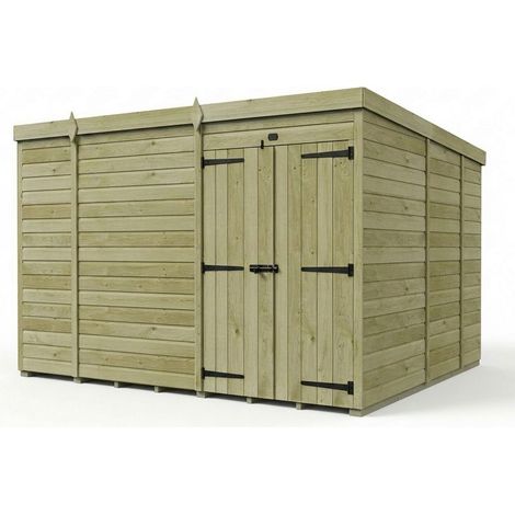10ft x 9ft Pent Garden Shed Double Door No Windows - Pressure Treated Timber - L305 x W274 x H210 cm - Natural