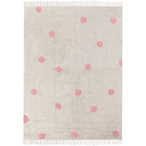 Tappeto per aree in cotone beige e rosa con motivo a pois 140 x 200 cm a pelo basso per la sala giochi dei bambini