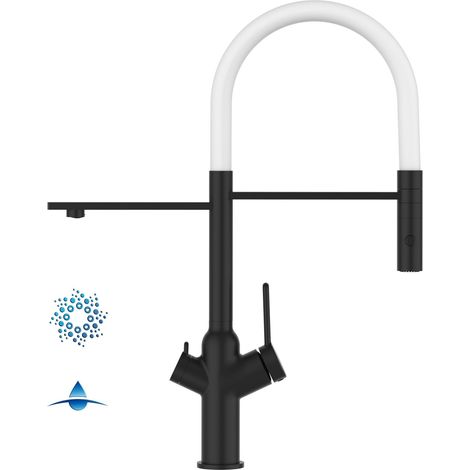 Rubinetto 4 vie miscelatore cucina Nero Opaco con canale separato per acqua filtrata, canna bianca movibile e doccia due getti staccabile - serie BOD