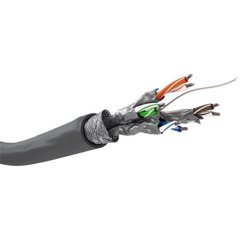 CAT 6 Netzwerkkabel, S/FTP (PiMF), grau, Kupferkaschierter Aluminiumleiter (CCA), AWG 23/1 (solid). Kabellänge 100 m