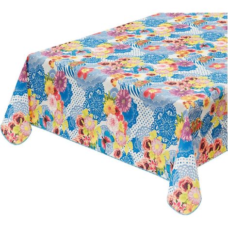 Tovaglia Antimacchia Cucina Colorata Bordata Cotone Plastificato Proteggi Tavolo Copritavolo Blu - 120x160 cm