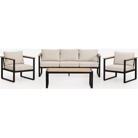 Ensemble de jardin composé d'un canapé 3 places, de 2 fauteuils et d'une table basse en aluminium et bois d'acacia Lipov. SKLUM Noir