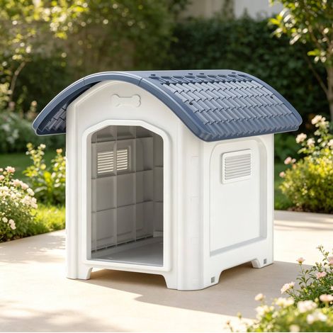 Caseta para perro de exterior en PP, techo inclinado, base elevada, blanco y gris DESVIAE (1/5)