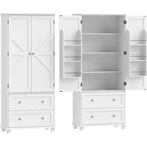 Buffet haut de cuisine, armoire avec 2 portes, 2 tiroirs, 6 porte-bouteilles, étagères ajustables, 80x39,5x184,5 cm, blanc (1/5)