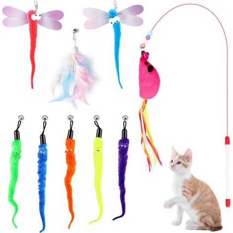Lot de 9 jouets pour chat en plumes, jouets en peluche, jouets souris, variétés pour Kitty, canne à pêche réglable pour le plaisir interactif et l'auto-occupation (1/5)