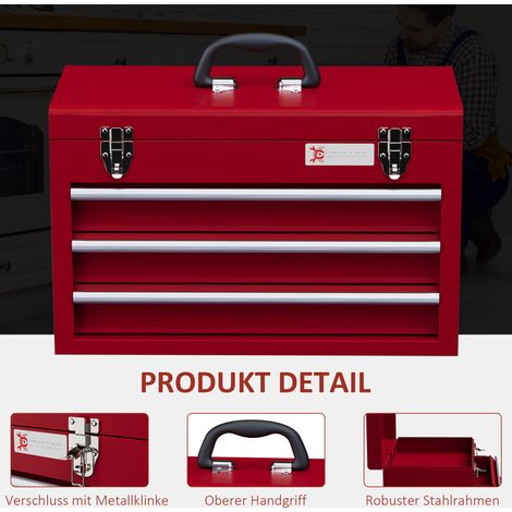 Coffre à outils 3 tiroirs, espace de stockage supérieur, fermetures métalliques, poignée de transport, 51 x 22 x 32 cm, rouge (1/4)