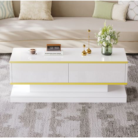 Mesa de centro 100x50x38 cm blanco cálido en tablero de partículas con acabado brillante, 2 cajones y bordes dorados (1/5)