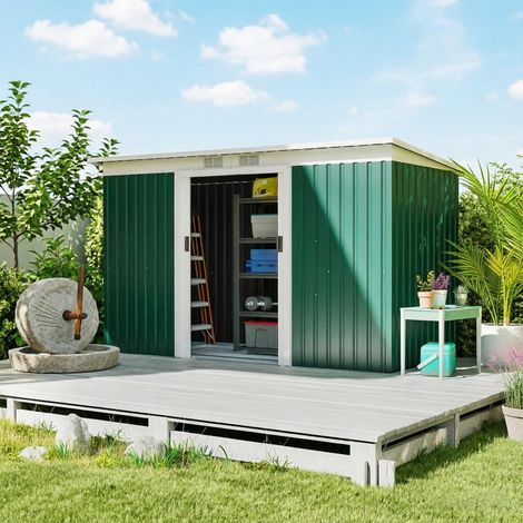 Abri de jardin en métal vert foncé 2,74 m x 1,22 m avec double porte verrouillable, idéal pour ranger vos outils, votre terrasse, votre pelouse ou votre garage. (1/5)