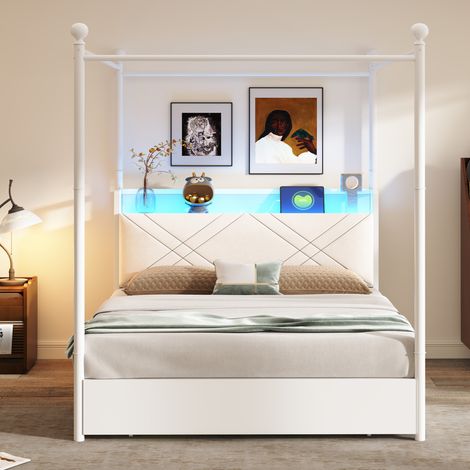 Lit Baldaquin 140x190 cm avec LED, USB Type-C, 3 Tiroirs et Rangement, Structure Métal, Blanc