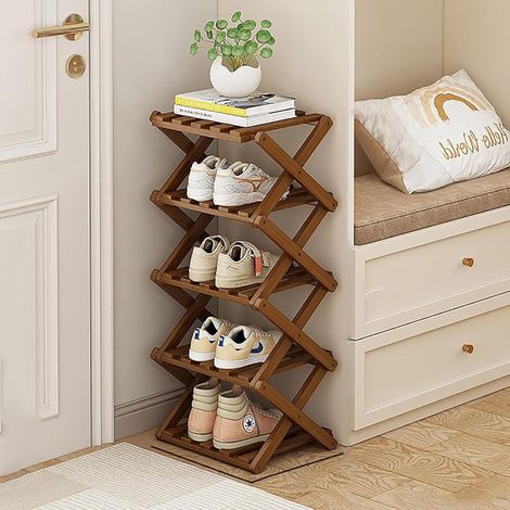 Étagère à chaussures d'entrée étroite et pliable en bambou marron à 5 niveaux, petit meuble de rangement pour entrée/couloir/penderie (1/5)