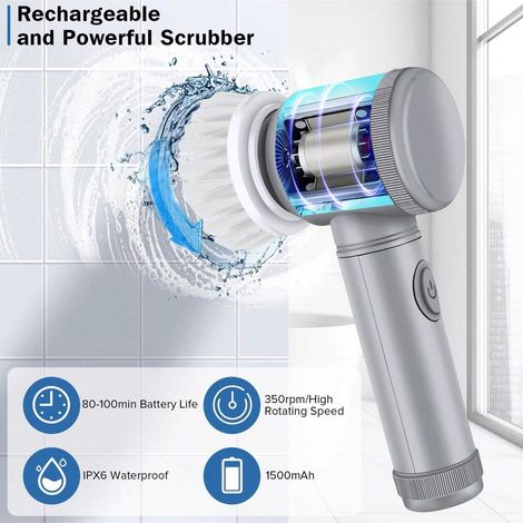 Brosse rotative électrique pour douches, salles de bains, lavabos et cuisines avec 6 têtes de brosse de nettoyage électriques, grise. (1/5)